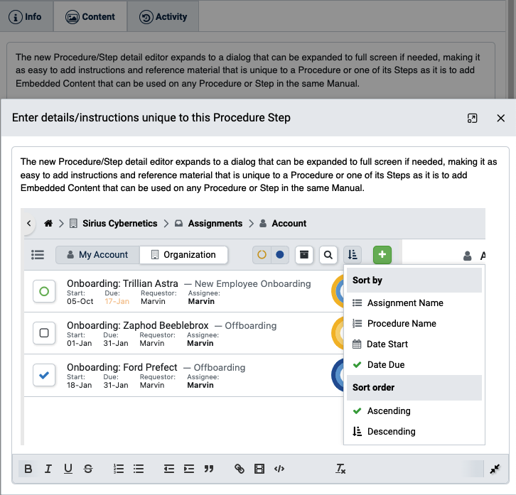 Procedure/Step detail editor expanded into a full dialog
