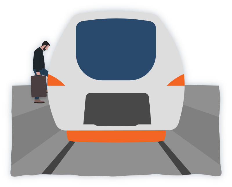 Illustration of a traveler with a suitcase waiting beside a train
