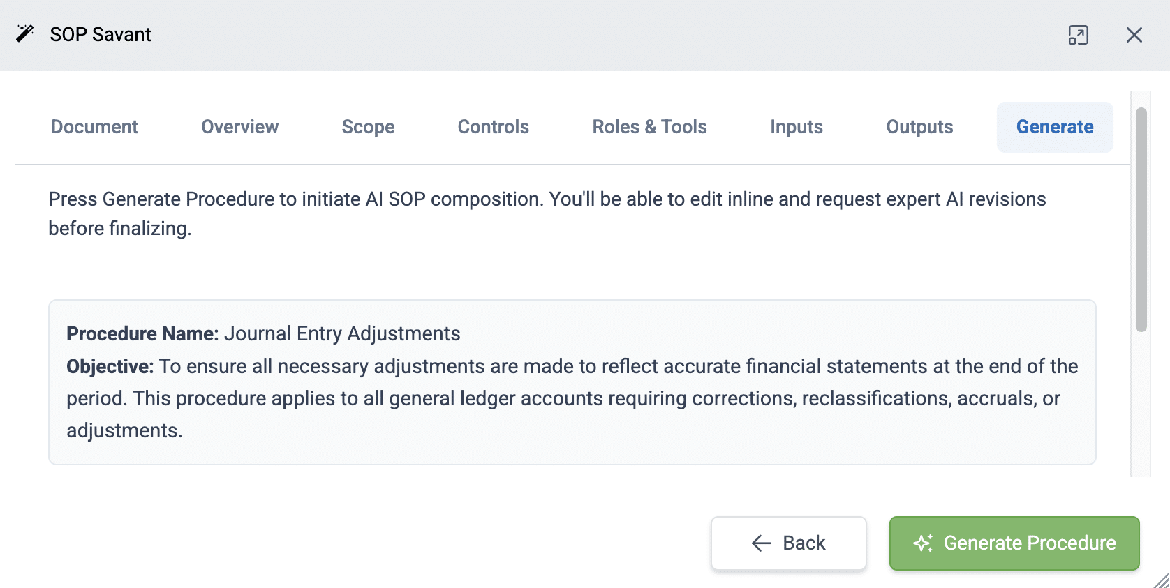 TaskTrain's Intelligent Interview, ready to generate a Journal Entry Adjustments Procedure