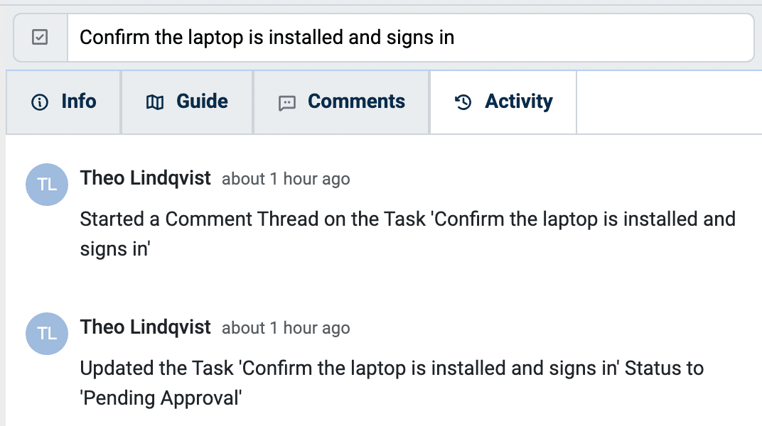 The activity history of a task in TaskTrain