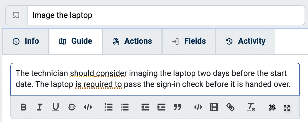 A step's instructions in TaskTrain with two weak phrases underlined for clearer wording